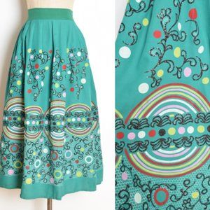 vintage 50s skirt green rayon full flock printed graphic high waisted volup L XL